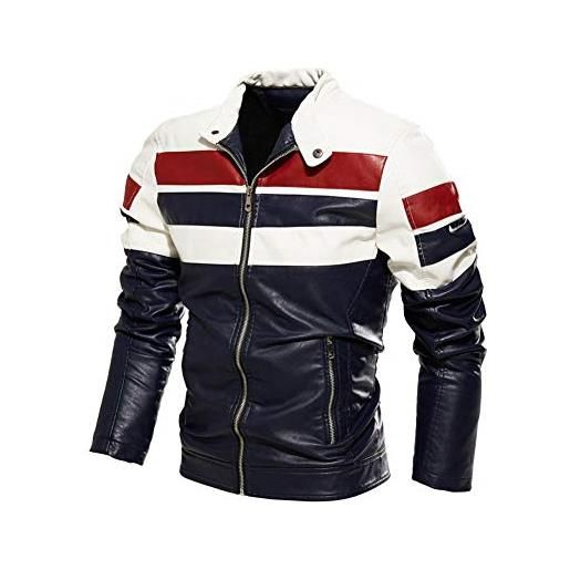 YOUCAI giacche da uomo autunno inverno casuale giacche biker giubbotto in pelle sintetica con cerniera slim fit giacca da moto giubbotto bomber streetwear, blu scuro, l