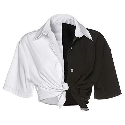 Bienwwow - camicie da donna in stile chambray, a maniche corte, cravatta frontale a blocchi di colore bianco s