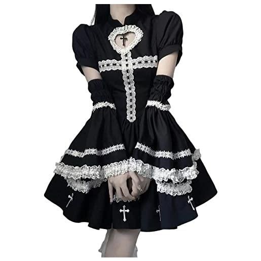 ZYSWCHB gothic lolita dress sweet fluffy staccabile manica corno cosplay punk goth abiti femminili neri (color: black, size: s)