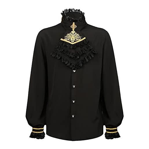 Mymyguoe camicia da uomo gotico, vintage, con colletto alla moda da uomo, stile medievale, con colletto a balza gotico a maniche lunghe, nero , xl