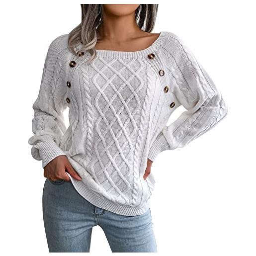 Generic maglione da donna con scollo quadrato con bottoni a maglia a maniche lunghe, casual, allentato, da uomo, in lana e mezza zip, bianco, l