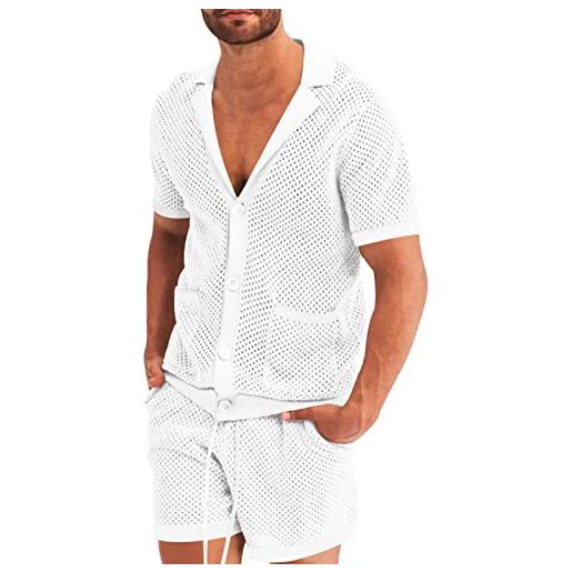 Caxndycing tuta trasparente da uomo in seta di ghiaccio con scollo a v camicia e pantaloncini corti, set di pigiama estivo, yoga, abbigliamento traspirante, breve primavera estate, bianco, xxl