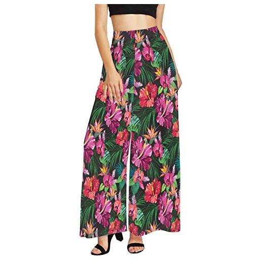 Binienty pantaloni lunghi da donna a vita alta casual a gamba larga pantaloni a palazzo taglie forti (xs-6xl), hibiscus flowers-2, s