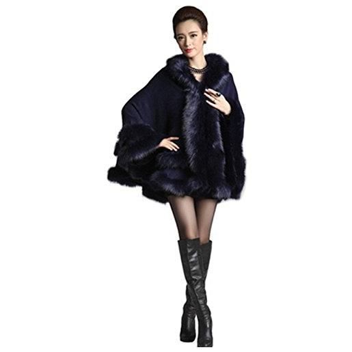 Plaer scialle da donna in finta pelliccia di volpe, con cappuccio dark blue taglia unica