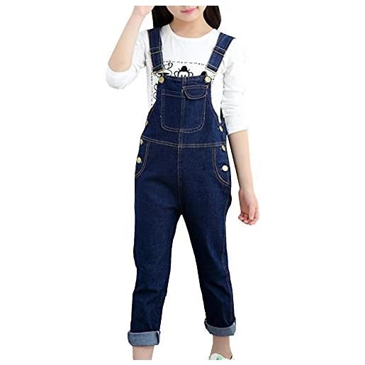 Shengwan salopette jeans per ragazze ragazzi pantaloni jeans lunghe, tracolla regolabile blu scuro 130