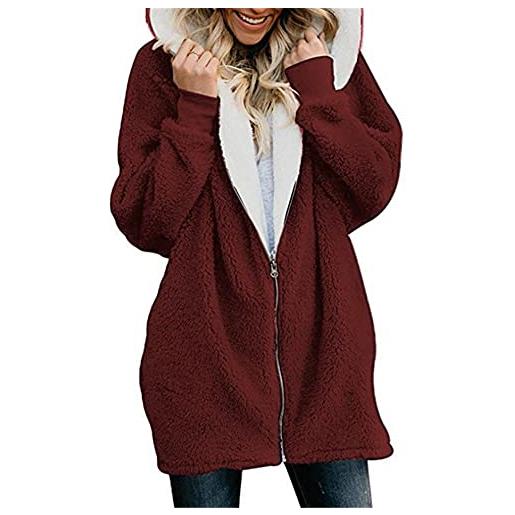 Qichenx giacca donna pelliccia giacca in calda felpa con cappuccio di capispalla felpa con cerniera cardigan warm jacket felpa in peluche casuale (borgogna, l)