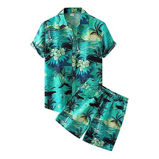 Cuwtheugwg completo allenamento abito da uomo con stampa hawaii beach abito corto a maniche corte in due pezzi con colletto rovesciato vestiti da eleganti (sky blue, xl)