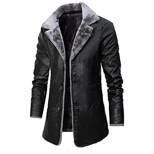 Sohodoo cappotto in pelle vintage da uomo giacca in ecopelle lunga nera da uomo cappotto invernale in pu con collo di pelliccia (color: black, size: l)