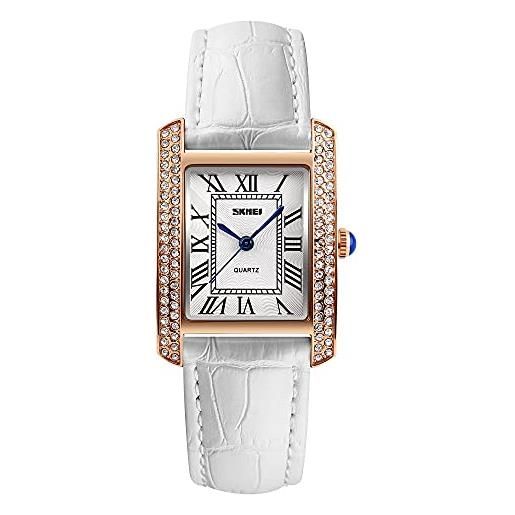 Skmei orologio da donna classico romano in vera pelle con pietre di cristallo oro rosa o argento, bianco con cassa in oro rosa, cinturino