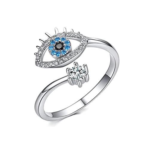Yifnny anello malocchio, fortunato anello turco blu malocchio zirconia cubica regolabile wrap anello aperto hamsa protezione anello occhio per donne ragazze (argento)