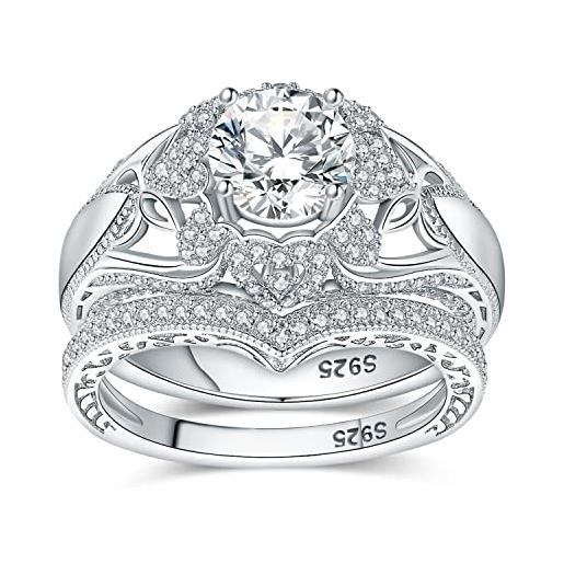 JewelryPalace 1.5ct vintage cuore anello fiore donna argento con cubica zirconia, farfalla anelli impilabili donna argento 925 con pietra rotonda, fede nuziale anello fidanzamento set gioielli donna