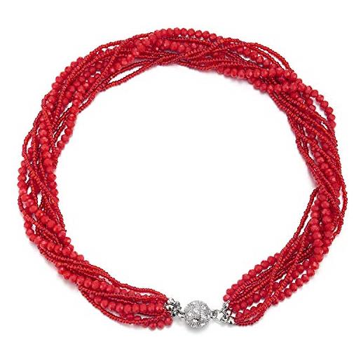 COOLSTEELANDBEYOND rosso statement pendente collana multi strati perline cristallo intrecciato catena girocollo choker fermoir magnétique