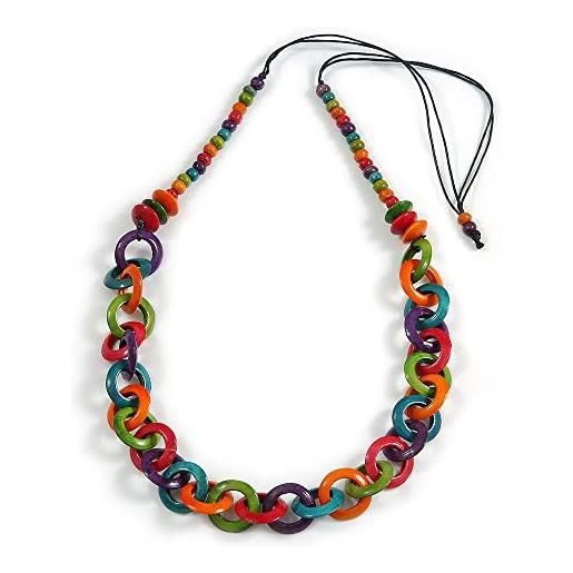 Avalaya Collana Lunga Geometrica Boho - Perline Di Legno Verde Scuro E Cordoncino Nero - 90 Cm Regolabile
