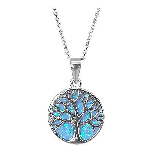 Kiara Jewellery collana con ciondolo con albero della vita, in argento sterling 925 placcato al rodio applicato su un disco di opale blu e catena placcata al rodio, da 45,7 cm