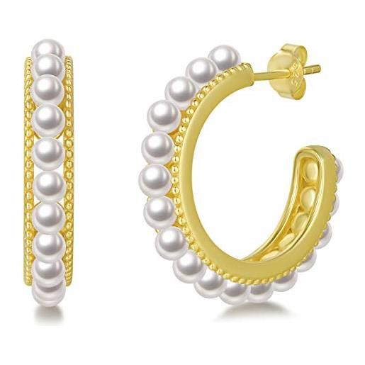 FANCIME orecchini a cerchio aperti in argento sterling 925 placcato oro giallo in vera perla d'acqua dolce gioielli da donna - diametro 28 mm, larghezza 5 mm
