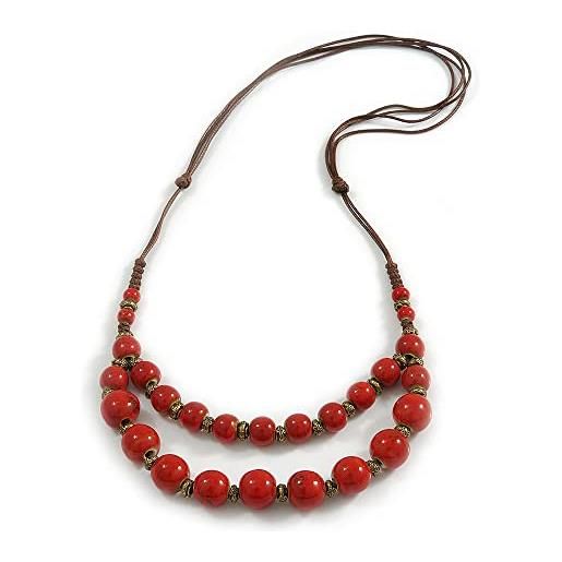 Avalaya collana in corda di seta marrone a strati in ceramica rossa - 60-70 cm l/regolabile