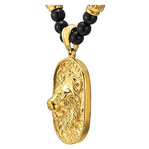 COOLSTEELANDBEYOND uomo collana di perle onice nero con colore oro testa di leone scudo pendente acciaio inossidabile, 70cm lungo