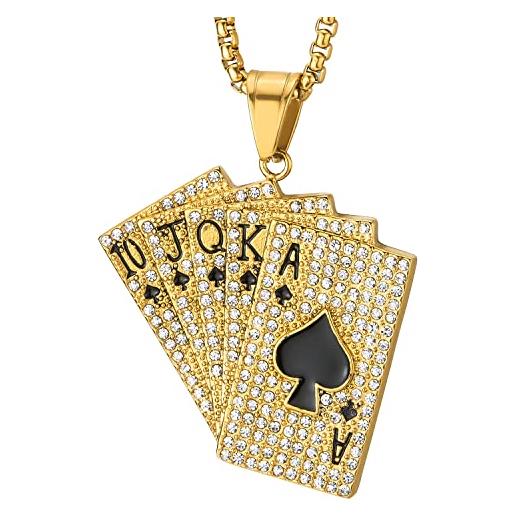 COOLSTEELANDBEYOND color oro ace carta poker sequenza di picche ciondolo con zirconi, collana da uomo donna, acciaio, catena del grano 70cm