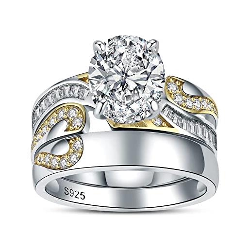 JewelryPalace 3.5ct art deco anello solitario donna argento con cubica zirconia, cuore puzzle anelli impilabili donna 925 con pietra ovale, fede nuziale anello fidanzamento dorato set gioielli donna