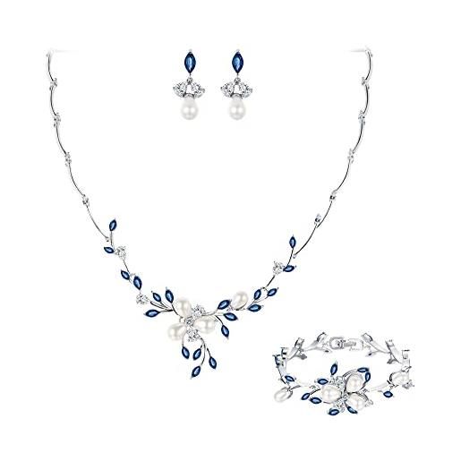 EVER FAITH set gioielli donna, zircone perla simulata fiore foglia filigrana collana orecchini braccialetto set