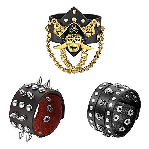 Cupimatch [3 pezzi collana e bracciali set da uomo in pelle stile punk rock e prepotente braccialetto con borchie bracciale forma di pirati caraibici bracciale cranio colore nero oro perfetto regalo