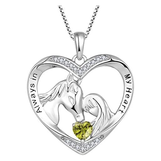 YL collana di cavallo in argento 925 con agosto pietra portafortuna zirconia cubica peridoto verde gioielli cuore ciondolo a forma di cavallo per donna