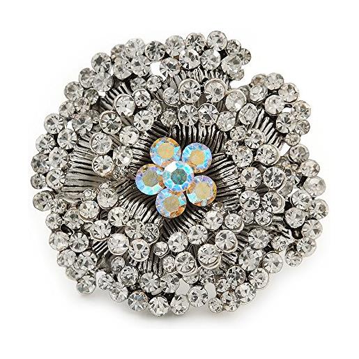 Avalaya grande anello a forma di fiore in cristallo ab, colore argento, 40 mm, misura 7/8, regolabile, metallo