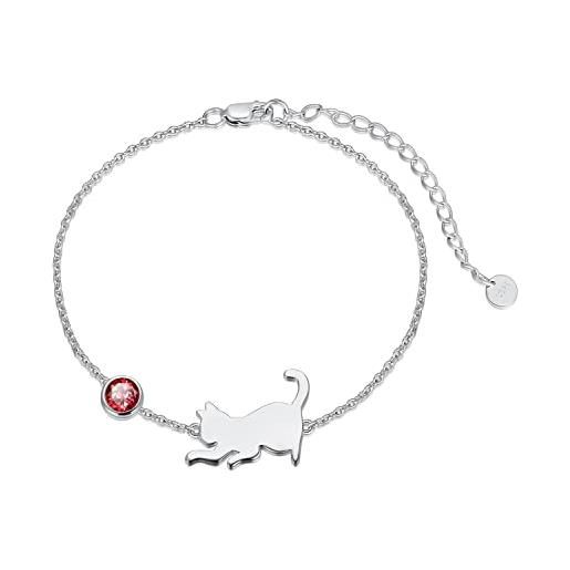 LONAGO braccialetto di gatto 925 sterline d'argento carino gatto con pietra di luna braccialetto gioielli per le donne (rosso-zirconia cubica)