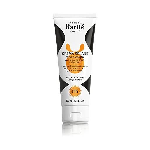 Società del Karitè since 1977 crema solare idratante con burro di karitè spf 15, crema solare 15 ad azione nutriente, effetto dorato abbronzato, adatto per pelli sensibili, 100 ml