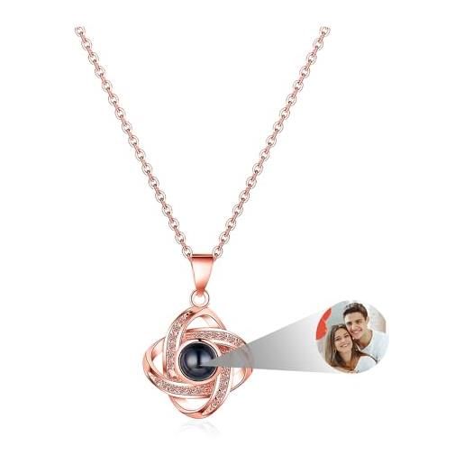 lorajewel personalizzata collana da donna con proiezione di foto quadrifoglio ciondolo argento catena regalo per natale san valentino compleanno festa della mamma oro rosa