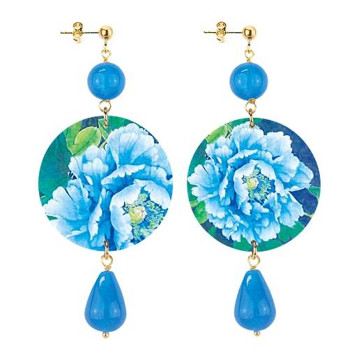 In lebole collezione the circle fiore azzurro e bianco orecchini da donna in ottone pietra azzurro