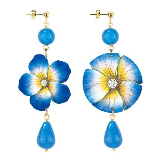 In lebole collezione the circle fiore azzurro fondo bianco orecchini da donna in ottone pietra azzurro