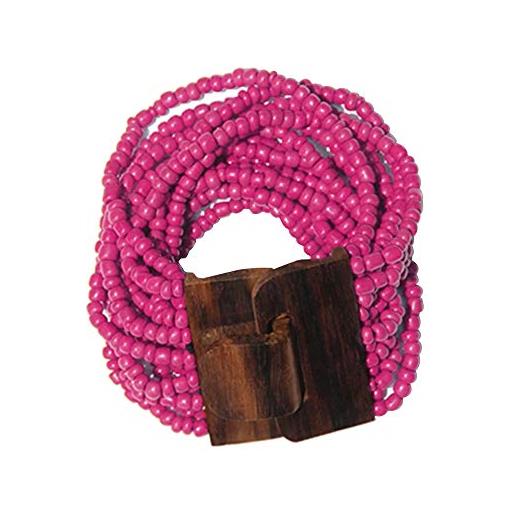 IndoMode - braccialetto etnico con perline rosa con chiusura a fibbia in legno duro
