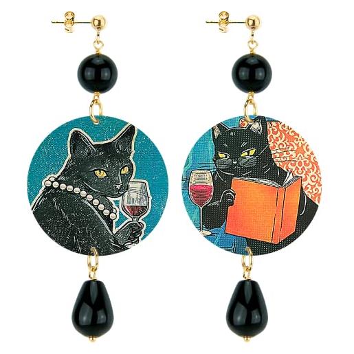 In lebole collezione the circle dor300 gatto orecchini da donna in ottone pietra nera