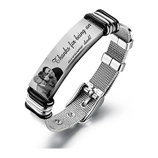 kaululu uomo personalizzato bracciale con nome foto inciso in acciaio inossidabile braccialetto regalo per festa del papà/san valentino/compleanno/natale argento