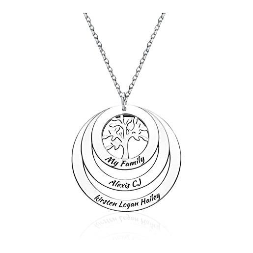 Grancey personalizzato collana famiglia con fino a 9 nomi dei bambini albero della vita dell'anello del pendente inciso con disco collana per unisex adulto argento
