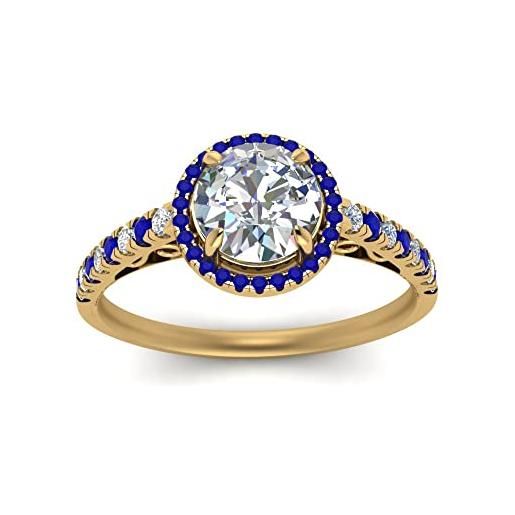 JewelryGift anello di fidanzamento vintage pave halo placcato oro giallo zaffiro blu sintetico rotondo forma anelli di fidanzamento con alone impostazione del dente taglia 58