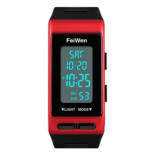 FeiWen design semplice multifunzione orologi da polso da unisex outdoor militare digitali sportivi orologio plastica cassa e gomma banda led doppio tempo allarme calendario (rosso)