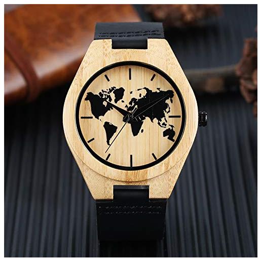 OIFMKC orologio in legno orologio minimalista orologio da mappamondo creativo da uomo orologio da polso analogico al quarzo in legno di bambù naturale orologio da uomo in vera pell