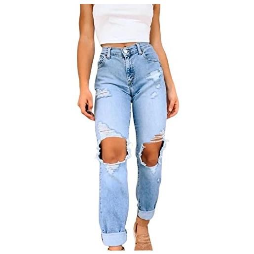 Lovelegis jeans donna strappati - vita alta - larghi - morbidi - sexy - ragazza - colore blu chiaro - denim - pantaloni - moda - cerniera e bottoni - taglia m