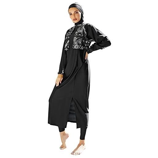 OBEEII costume da bagno da donna musulmana, a maniche lunghe, con foulard, 3 pezzi, taglie s-xl, nero07, l
