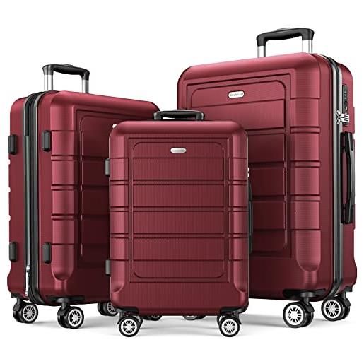 SHOWKOO set di valigie rigide 3 pezzi espandibile abs+pc leggero ultra durevole valigia trolley da viaggio con chiusura tsa e 4 ruote doppie (m-l-xl, rosso)