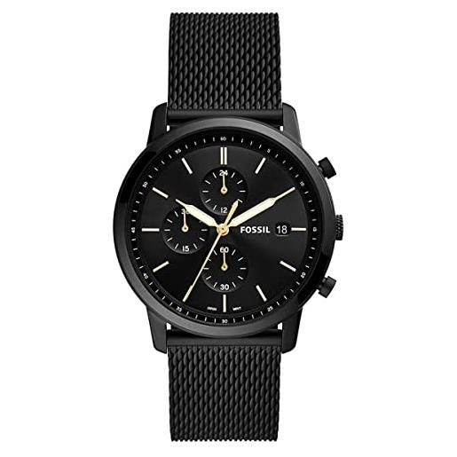 Fossil orologio minimalist da uomo, movimento cronografo, cassa 42 mm in acciaio inossidabile nero con bracciale a maglie in acciaio inossidabile, fs5943, nero e oro