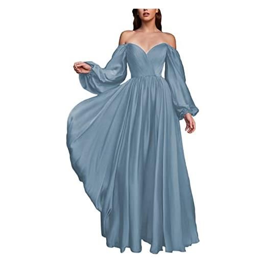 KURFACE abiti da sposa per ospiti una linea fuori dalla spalla sweeheart guffy manica lunga fuori porta compleanno abiti da sera per le donne, blu polvere. , 48