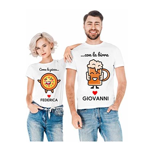 Colorfamily coppia magliette t-shirt sanvalentino personalizzabile pizza birra personalizza con nome amore innamorati fidanzati regalo lui e lei