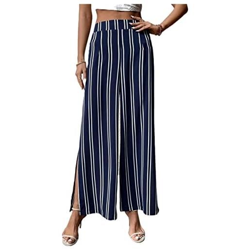 Generic pantaloni a gamba larga donna a vita alta con spacco laterale a righe vestibilità ampia eleganti salotto tutte le stagioni (color: blue, size: l)