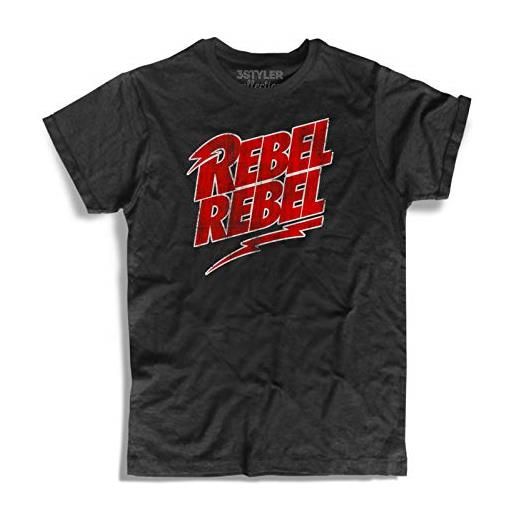 3styler t-shirt uomo nera rebel rebel fulmine thunder david duca bianco - music shirt - linea collection - cotone fiammato (slub) 150 gr/mq (m, nero)