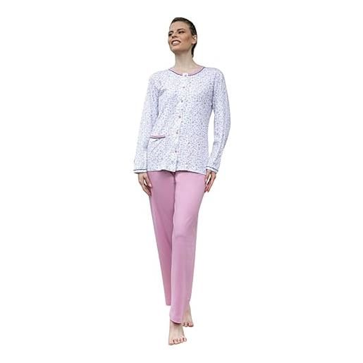 Leo Corsetteria pigiama donna classico aperto con bottoni e tasca cotone manica lunga bianco rosa taglia 54