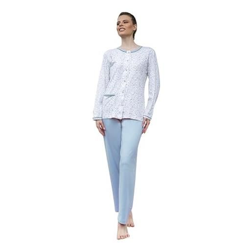 Leo Corsetteria pigiama donna classico aperto con bottoni e tasca cotone manica lunga bianco azzurro taglia 56