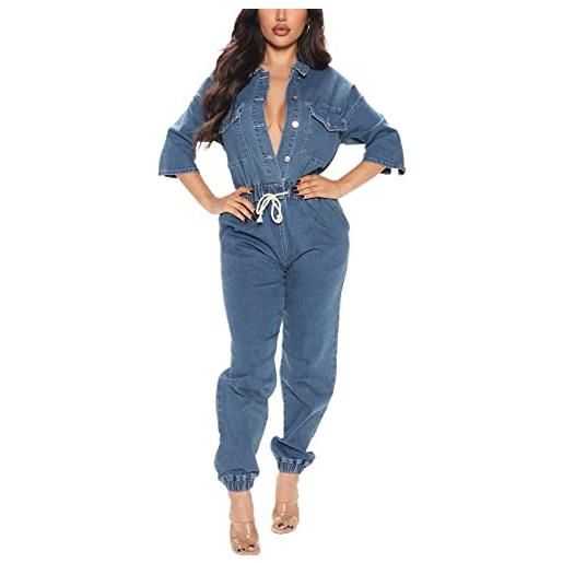 XUSAI tuta in denim da donna dalla vestibilità rilassata tuta in denim a maniche lunghe smocked button down jean jumpsuit rompers, blu, 3xl